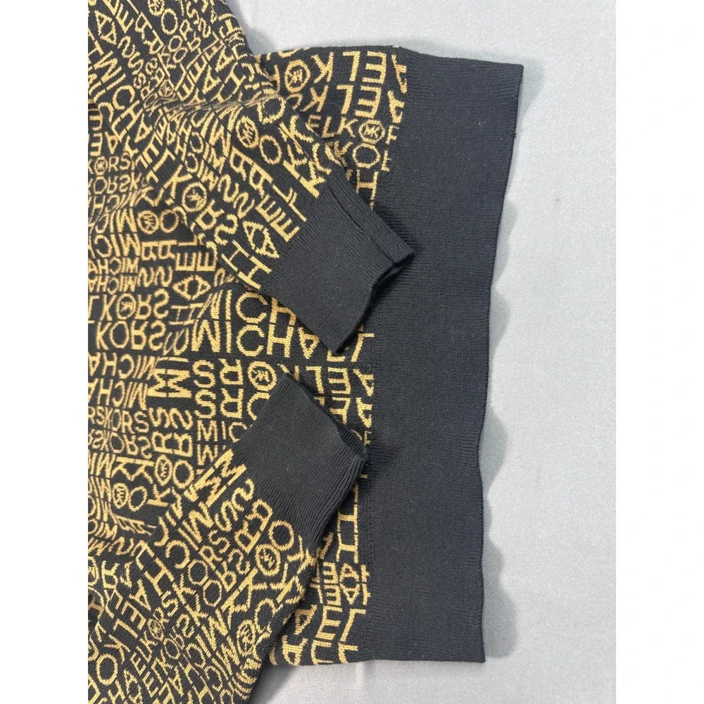 Michael Kors Womens Black Gold Logo Monogram Knit Crewneck Sweater Medium
